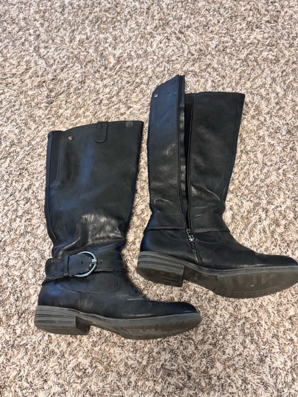 Black Mid-Calf Leather Buckle Heeled Boots